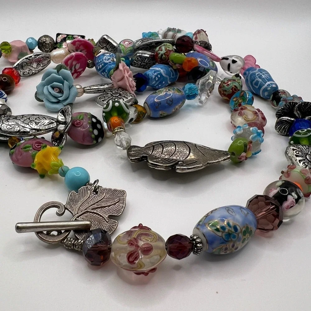 Geisha‎ Multi Strand Beaded Necklace Porcelain Lampwork Fish Nesting Doll Floral